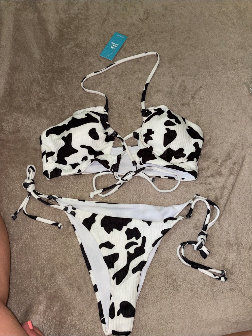 Cupshe Black & White Cow Print Tie Side Bikini Set